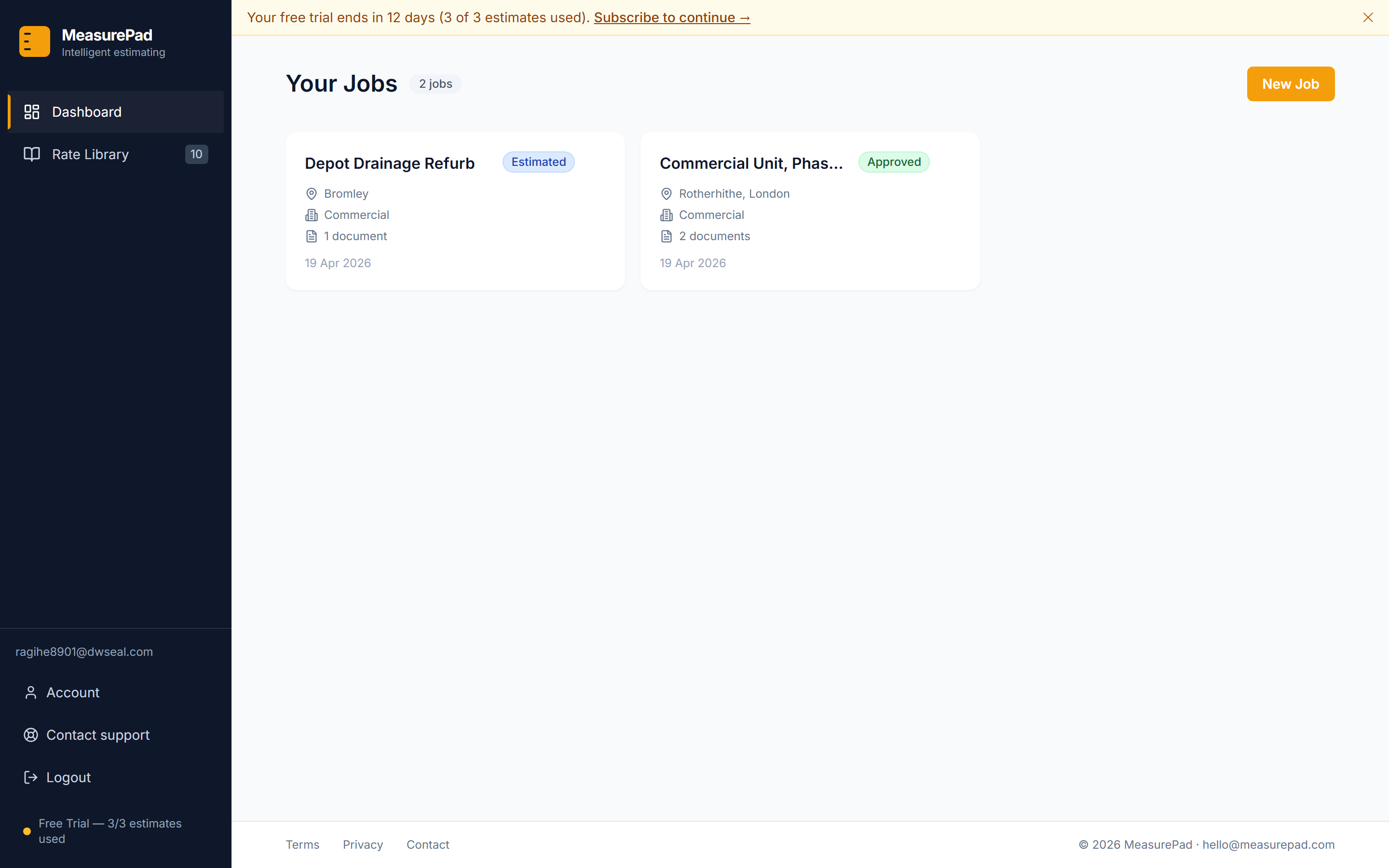 The MeasurePad dashboard showing two approved jobs: Depot Drainage Refurb and Commercial Unit, Phase 1.