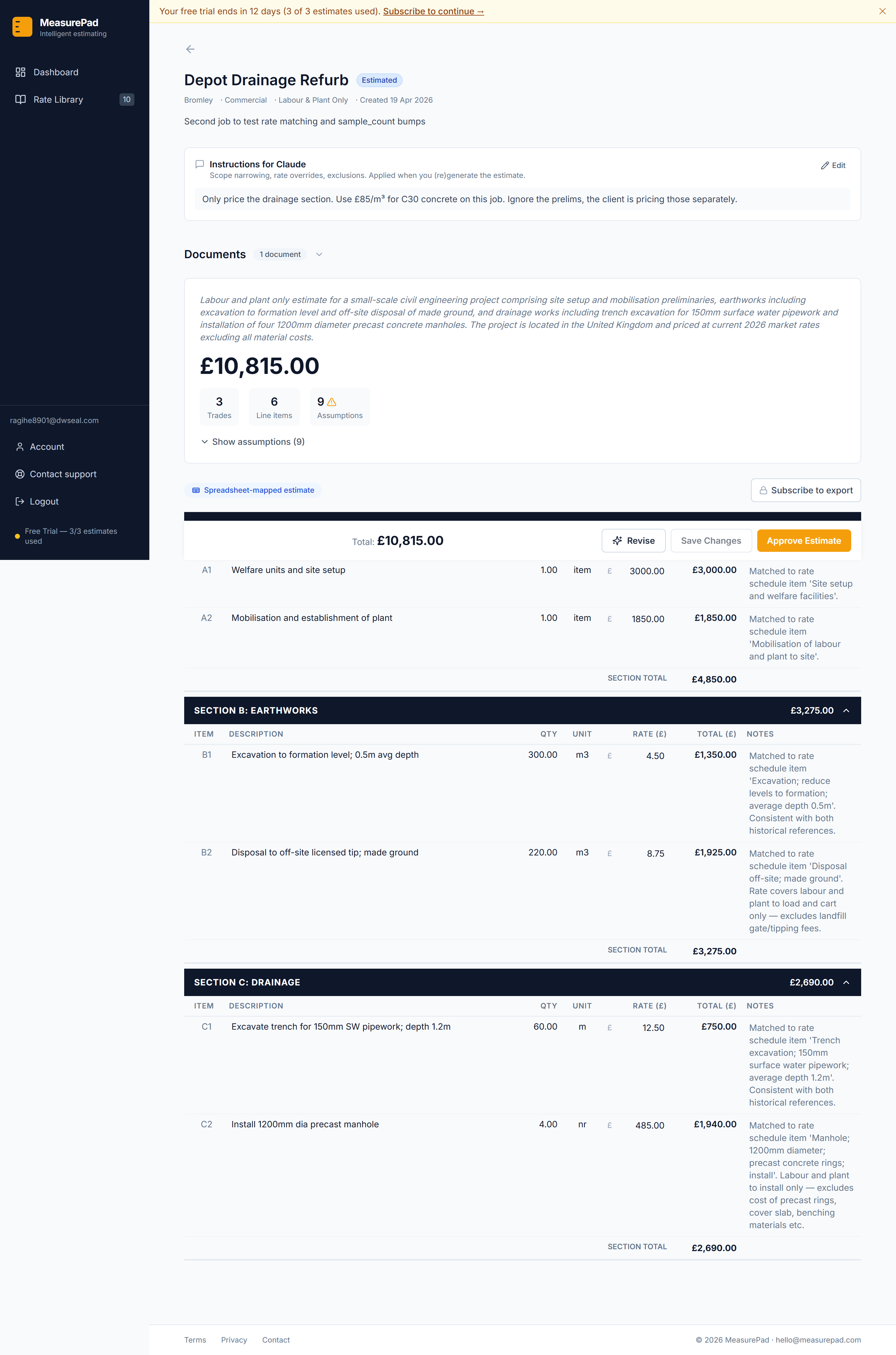 A priced estimate for a depot drainage refurbishment, showing 10,815 pounds total across three trade sections, six line items, and nine flagged assumptions.